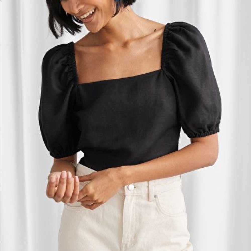 &other stories linen blend puff sleeve top black